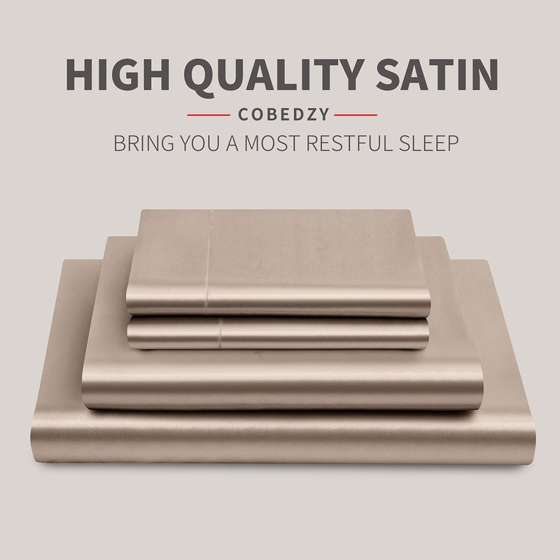 Cobedzy 4 Piece Luxury Queen Sheet Set, Taupe Satin Sheet Set, Soft Silky Bed Sheets Queen Set with 1 Deep Pocket Fitted Sheet 1 Flat Sheet 2 Satin Pillowcases - Image 2